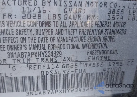 2017 Nissan Sentra Sr из США, поврежденный, VIN 3N1AB7APXHY234329